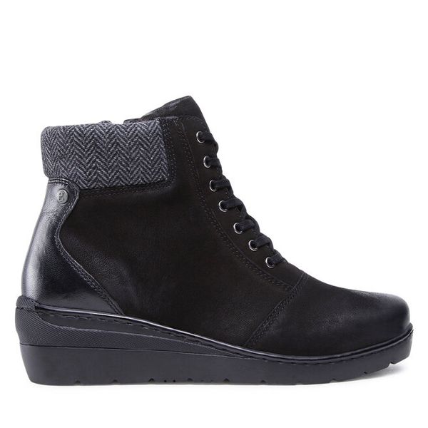 Trzewiki Go Soft. Czarne botki GO SOFT, bez wzorów, bez obcasa, na koturnie, bez zapięcia. Za 249.99 zł.