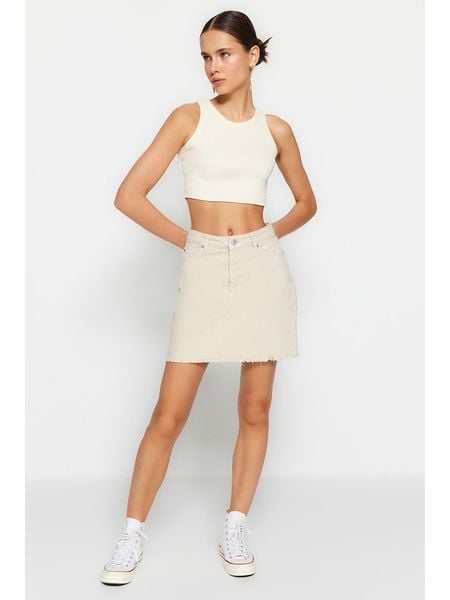 Trendyol Spódnica dżinsowa w kolorze kremowym rozmiar: 40. Brązowe spódnice Trendyol, na co dzień, bez wzorów, z bawełny, klasyczne, mini, proste. Za 78.10 zł.