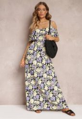 Fioletowo-Żółta Sukienka Maxi Bawełniana w Kwiaty z Falbanką Saranna. Fioletowe sukienki Renee, na imprezę, l, bez wzorów, z bawełny, bez kołnierzyka, bez ramiączek, maxi, rozkloszowane. Za 64.99 zł.