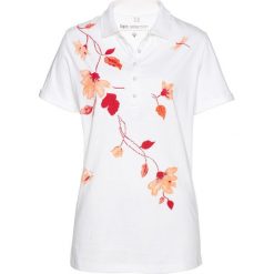 Shirt polo bonprix biało-czerwony z nadrukiem. Białe koszulki polo bonprix, bez wzorów, bez kołnierzyka, bez ramiączek. Za 37.99 zł.