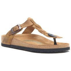 Comfortfusse Skórzane japonki w kolorze jasnobrązowym rozmiar: 41. Brązowe klapki Comfortfüße, bez wzorów, ze skóry, z otwartym noskiem, bez obcasa. Za 252.99 zł.