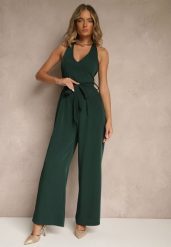 Ciemnozielony Kombinezon o Taliowanym Kroju z Dekoltem Halter i Wiązanym Paskiem Malisena. Zielone sukienki Renee, na co dzień, l, bez wzorów, eleganckie, bez kołnierzyka, bez ramiączek. Za 104.99 zł.