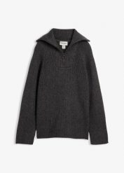 Sweter w prążki ze stójką. Szare swetry bonprix, bez wzorów, bez ramiączek. Za 124.99 zł.