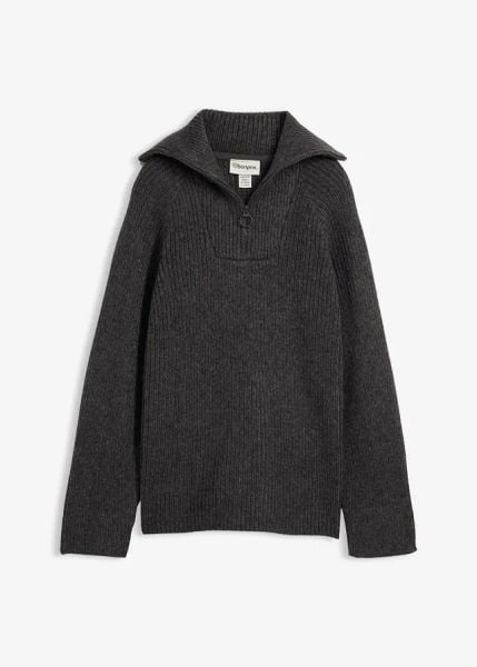 Sweter w prążki ze stójką. Szare swetry bonprix, bez wzorów, bez ramiączek. Za 124.99 zł.