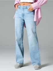 Jeansy wide leg - turkusowy. Niebieskie jeansy Sinsay, l, bez wzorów, z podwyższonym stanem. Za 49.99 zł.