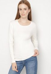 Biała Bluzka Typu Longsleeve z Okrągłym Dekoltem Unelessa. Białe bluzki Born2be, l, bez wzorów, z jeansu, eleganckie, bez kołnierzyka, bez ramiączek. Za 49.99 zł.