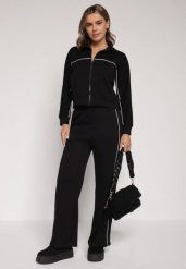 Czarny Retro Komplet Dresowy z Wiskozą Szerokie Spodnie i Bluza ze Stójką Sewelda. Czarne bluzy Born2be, l, bez wzorów, z dresówki, bez kaptura. Za 169.99 zł.