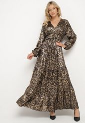 Czarno-Złota Rozkloszowana Sukienka w Panterkę z Falbanami i Gumką w Talii Tinnetra. Czarne sukienki Born2be, na co dzień, z aplikacjami, eleganckie, bez kołnierzyka, bez ramiączek, maxi, kopertowe. Za 169.99 zł.