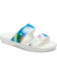 Crocs Klapki "Classic" w kolorze białym ze wzorem rozmiar: 41/42. Białe klapki Crocs, bez wzorów, z otwartym noskiem, bez obcasa. Za 114.17 zł.