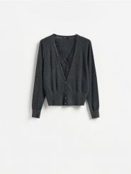 Kardigan z koronką - ciemnoszary. Szare kardigany Reserved, l, bez wzorów, z dzianiny. Za 149.99 zł.
