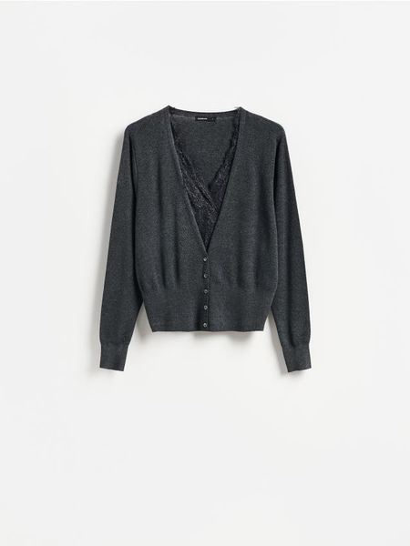 Kardigan z koronką - ciemnoszary. Szare kardigany Reserved, l, bez wzorów, z dzianiny. Za 149.99 zł.