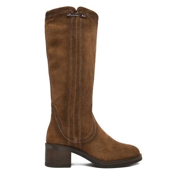 Kozaki Tamaris. Brązowe kozaki Tamaris, bez obcasa, na słupku, bez zapięcia. Za 619.99 zł.