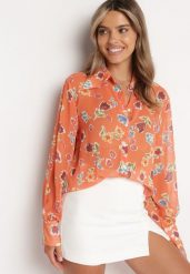 Pomarańczowa Koszula z Transparentnej Tkaniny w Kwiaty Brumelia. Brązowe koszule Born2be, l, bez wzorów, z jeansu, eleganckie, bez kołnierzyka, bez ramiączek. Za 64.99 zł.