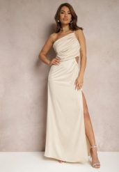 Beżowa Asymetryczna Sukienka Satynowa z Wycięciem w Talii Rozcięciem na Dole i Marszczeniem Aledista. Brązowe sukienki Renee, na spotkanie biznesowe, l, bez wzorów, z satyny, z asymetrycznym kołnierzem, bez ramiączek, maxi, asymetryczne. Za 139.99 zł.