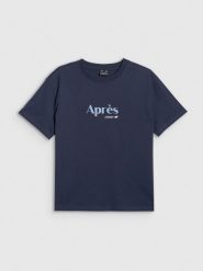 4F T-shirt boxy z nadrukiem damski - granatowy XS. Niebieskie t-shirty 4f, xs, bez wzorów, z bawełny, bez kołnierzyka, bez ramiączek. Za 69.99 zł.