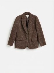 Marynarka z wełną - ciemnobrązowy. Brązowe marynarki i żakiety Reserved, l, bez wzorów, z bawełny. Za 359.99 zł.