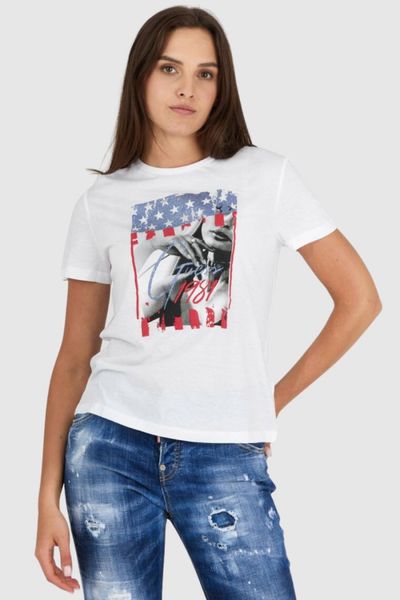 GUESS Biały t-shirt damski z nadrukiem i wiązaniem na plecach, Rozmiar XS. Białe t-shirty Guess, s, z aplikacjami, bez kołnierzyka, bez ramiączek. W wyprzedaży za 102.99 zł.