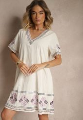 Fioletowa Pudełkowa Sukienka z Bawełny w Hafty w Stylu Boho Felkio. Fioletowe sukienki Renee, na co dzień, l, bez wzorów, z bawełny, boho, bez kołnierzyka, bez ramiączek, mini, proste. Za 89.99 zł.