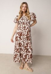 Brązowa Rozkloszowana Sukienka z Wiskozy z Bufiastymi Rękawami w Roślinny Wzór Semea. Brązowe sukienki Born2be, do pracy, bez wzorów, z materiału, biznesowe, bez kołnierzyka, bez ramiączek, maxi, proste. Za 89.99 zł.