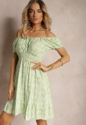 Jasnozielona Hiszpanka Sukienka Wiskozowa z Materiałowym Paskiem i Gumką w Pasie z Falbanką Tiamarosa. Zielone sukienki Renee, l, bez wzorów, z materiału, bez kołnierzyka, bez ramiączek, mini. Za 59.99 zł.
