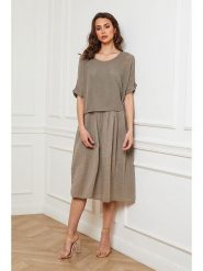 Fleur de Lin Lniana sukienka "Equanone" w kolorze szarobrązowym rozmiar: XL. Brązowe sukienki Fleur de Lin, xl, bez wzorów, ze lnu, bez kołnierzyka, bez ramiączek, midi. Za 223.99 zł.