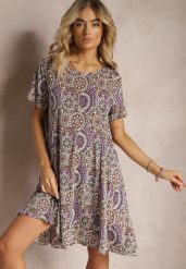 Fioletowo-Żółta Krótka Sukienka w Stylu Boho z Elastycznej Wiskozy z Krótkimi Rękawami Ailoni. Fioletowe sukienki Renee, na lato, l, bez wzorów, z wiskozy, boho, bez kołnierzyka, bez ramiączek, mini. Za 59.99 zł.