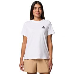 T-shirt sportowy z krótkim rękawem damski Rolling Bend Graphic SS Tee. Białe koszulki sportowe Columbia, bez wzorów, z bawełny, bez ramiączek. Za 99.99 zł.