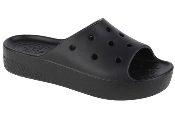 Klapki damskie Crocs Classic Platform Slide. Czarne klapki Crocs, bez wzorów, z materiału, bez obcasa, na platformie. Za 278.00 zł.