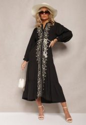 Czarna Midi Sukienka o Trapezowym Kroju z Ozdobnymi Haftami w Stylu Boho Tactila. Czarne sukienki Renee, na jesień, m, bez wzorów, boho, bez kołnierzyka, bez ramiączek, midi, rozkloszowane. Za 149.99 zł.