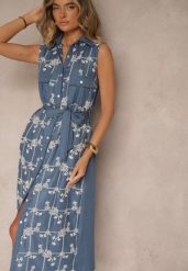 Niebieska Sukienka Koszulowa z Wiązanym Paskiem i Haftowanym Zdobieniem Malenea. Niebieskie sukienki Renee, na co dzień, l, z aplikacjami, z jeansu, eleganckie, bez kołnierzyka, bez ramiączek, maxi, koszulowe. Za 99.99 zł.