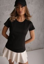 Czarny Klasyczny T-shirt o Gładkim Wykończeniu Rhethine. Czarne t-shirty Renee, l, bez wzorów, z jeansu, bez kołnierzyka, bez ramiączek. Za 39.99 zł.