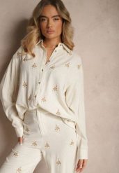 Biało-Beżowa Koszula Boho z Wiskozy i Lnu z Ozdobnym Hafem Arliena. Białe koszule Renee, bez wzorów, z jeansu, boho, bez kołnierzyka, bez ramiączek. Za 79.99 zł.