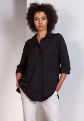 Czarna Koszula Oversize z Kieszeniami. Czarne koszule Lanti, l, bez wzorów, z materiału, bez kołnierzyka, bez ramiączek. Za 188.90 zł.