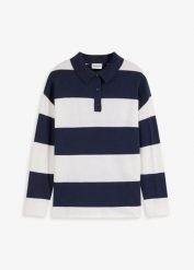 Sweter oversize z kołnierzykiem polo. Niebieskie swetry bonprix, bez wzorów, z bawełny, bez ramiączek. Za 92.99 zł.