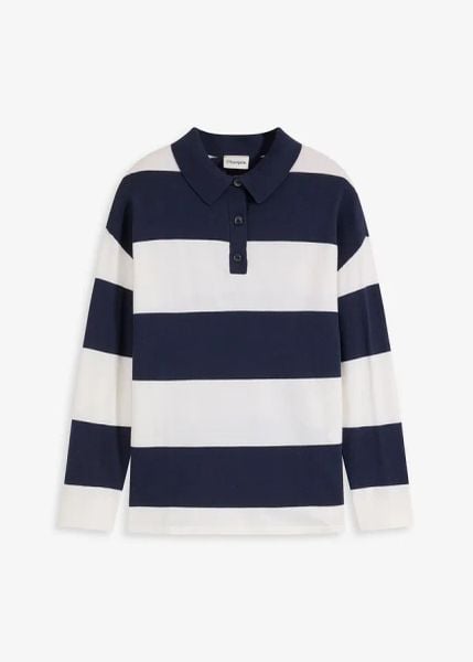 Sweter oversize z kołnierzykiem polo. Niebieskie swetry bonprix, bez wzorów, z bawełny, bez ramiączek. Za 92.99 zł.