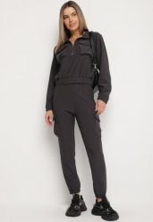 Ciemnoszary Komplet Dresowy w Stylu Cargo Bluza na Suwak i Joggery Sitene. Szare bluzy Born2be, l, bez wzorów, z dresówki, bez kaptura. Za 79.99 zł.