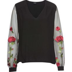 Bluzka z haftem bonprix czarny. Czarne bluzki bonprix, bez wzorów, bez kołnierzyka, bez ramiączek. Za 129.99 zł.