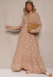 Jasnobeżowa Rozkloszowana Sukienka Ozdobiona Haftem i Wzorem Boho Ronavere. Brązowe sukienki Renee, na co dzień, na lato, l, bez wzorów, boho, bez kołnierzyka, bez ramiączek, maxi, kopertowe. W wyprzedaży za 159.99 zł.