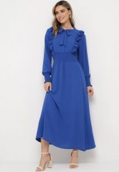 Niebieska Rozkloszowana Sukienka Maxi Wiązana przy Dekolcie Ozdobiona Falbankami Nuteki. Niebieskie sukienki Born2be, na imprezę, m, bez wzorów, eleganckie, bez kołnierzyka, bez ramiączek, maxi, rozkloszowane. Za 109.99 zł.