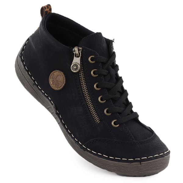 Botki damskie komfortowe czarne Rieker 52514-00. Czarne botki Rieker, bez wzorów, ze skóry ekologicznej, bez obcasa, bez zapięcia. Za 359.00 zł.