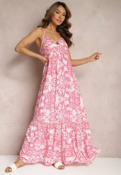 Fuksjowa Bawełniana Sukienka Maxi na Ramiączkach z Kwiatowym Wzorem i Falbanką Mawidiona. Czerwone sukienki Renee, na lato, s, bez wzorów, z bawełny, bez kołnierzyka, bez ramiączek, maxi. Za 89.99 zł.