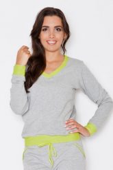 Szaro-zielona Dresowa Nierozpinana Bluza z Dekoltem V z Kontrastowymi Mankietami. Szare bluzy Katrus, m, bez wzorów, z bawełny, bez kaptura. Za 169.00 zł.