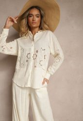 Jasnobeżowa Koszula Oversize z Lnem Zdobiona Ażurowymi Wstawkami Dannivra. Brązowe koszule Renee, m, z aplikacjami, biznesowe, bez kołnierzyka, bez ramiączek. Za 99.99 zł.