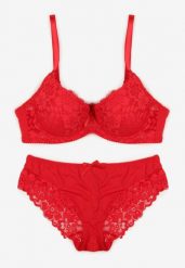 Czerwony Koronkowy Komplet Majtki Figi i Biustonosz Eziselle. Czerwone figi Renee, bez wzorów, z jeansu. Za 39.99 zł.