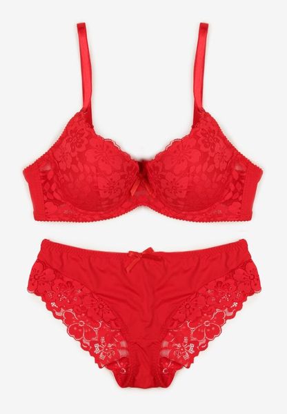 Czerwony Koronkowy Komplet Majtki Figi i Biustonosz Eziselle. Czerwone figi Renee, bez wzorów, z jeansu. Za 39.99 zł.