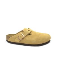 Klapki damskie Birkenstock boston vl. Brązowe klapki Birkenstock, bez wzorów, z materiału, bez obcasa. Za 642.70 zł.