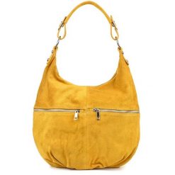 Zamszowa shopperka musztardowa Vera Pelle K51. Shopper bez wzorów, ze skóry, zamszowe, bez dodatków. Za 199.99 zł.