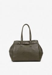 Ciemnozielona Torebka Shopper z Dwoma Rączkami Ozdobiona Paskiem z Klamrą Remisse. Zielone torby na ramię Renee, bez wzorów, na ramię, bez dodatków. Za 159.99 zł.