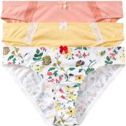 Figi (3 pary) bonprix z nadrukiem + żółty + jasnokoralowy. Figi bonprix. Za 53.97 zł.