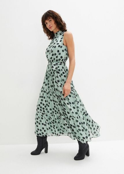 Sukienka szyfonowa z połyskiem. Zielone sukienki bonprix, bez wzorów, z szyfonu, eleganckie, bez kołnierzyka, bez ramiączek. Za 189.99 zł.